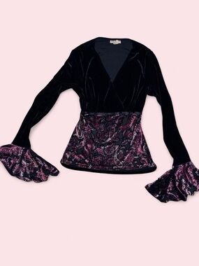 MKM Designs Black Velvet Wrap Top with Purple Paisley Accents